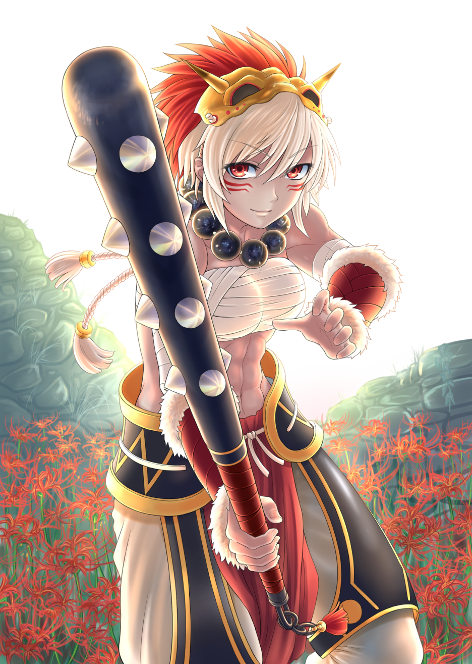 abs backlighting bandages bead_bracelet beads bracelet chain club dark_skin facepaint field fire_emblem fire_emblem_if flower flower_field highres holding holding_weapon jewelry looking_at_viewer mask mask_on_head navel outdoors pelvic_curtain red_eyes rinka_(fire_emblem_if) rock sarashi smile solo soyo2106 spider_lily spiked_club toned weapon white_hair