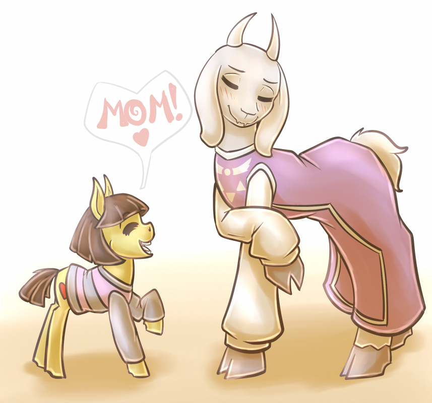 blush brown_hair caprine clothed clothing countaile crossover cub daughter duo earth_pony equine eyes_closed female feral frisk fur goat hair happy horse mammal mother my_little_pony parent ponification pony raised_hoof speech_bubble toriel undertale video_games white_fur young