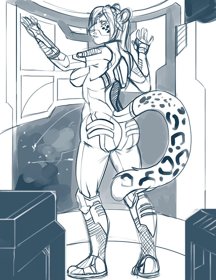 2015 angrboda anthro clothed clothing feline female leopard mammal monochrome plantigrade sketch solo space suit