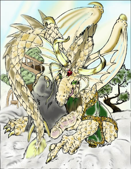 2000 anthro biceps claws clothing dragon eastern_dragon forked_tongue green_eyes horn japanese_clothing kimono lunarwolf male muscular oriental penis scales scalie solo tagme tongue tree undressing wings yellow_body
