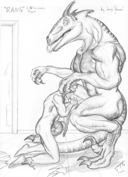 2001 abs anthro claws digitigrade dracorex erection fellatio fhones forked_tongue horn human kneeling larger_male licking licking_lips male male/male mammal monochrome muscular nipples oral pecs penis rangarig_rex scalie sex size_difference smaller_male tail_sex tailjob tongue tongue_out vein