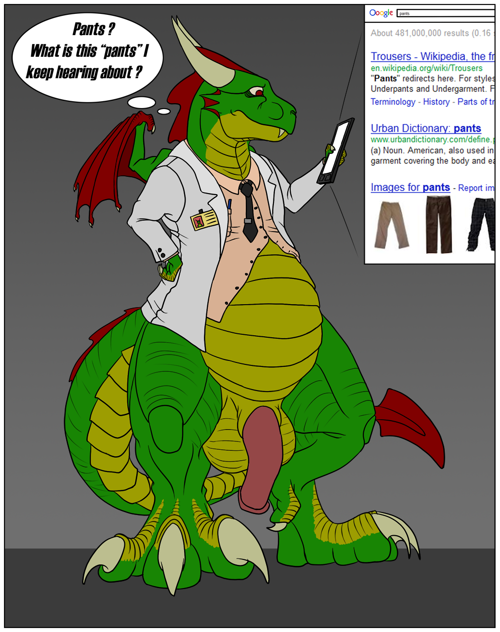 ajder balls belly bottomless chubby clothed clothing dracorex dragon google half-dressed horn lab_coat male necktie penis rangarig_rex red_eyes solo tagme thought_bubble tiny_wings