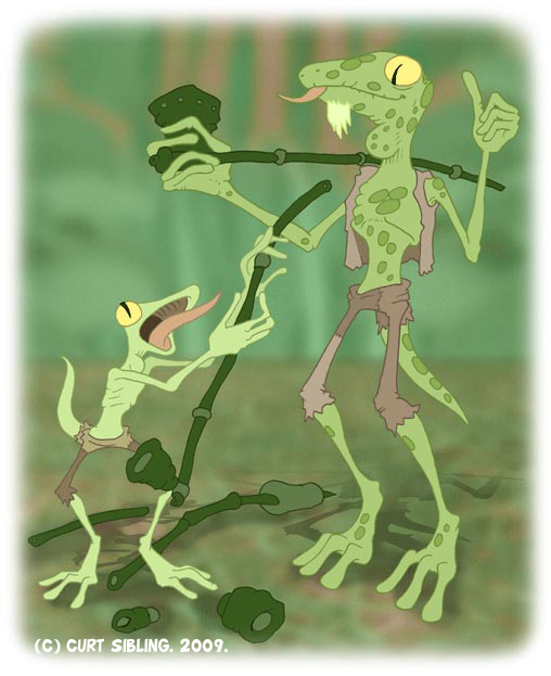 2009 ambiguous_gender black_eyes border clothed clothing curtsibling digital_media_(artwork) duo facial_hair green_skin king_evil lizard pants pipe plant reptile ribcage scalie shirt simple_background tank_top tongue tongue_out tree watermark yellow_sclera