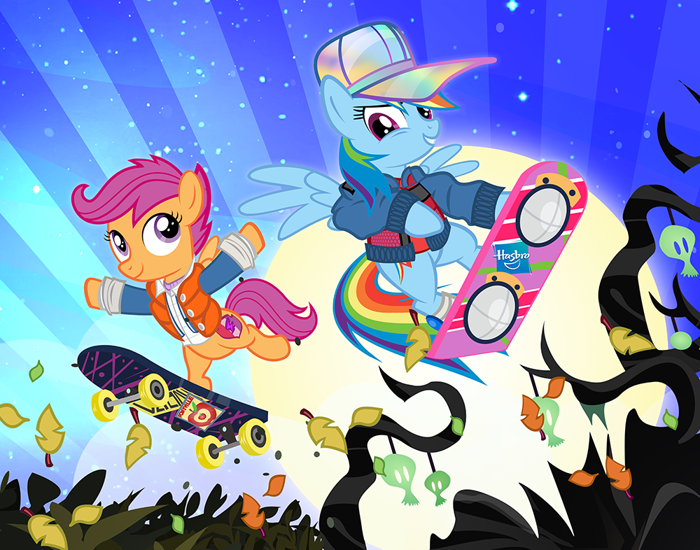 2015 back_to_the_future clothing cutie_mark duo equine female friendship_is_magic hoverboard mammal marty_mcfly_(character) my_little_pony pegasus pixelkitties rainbow_dash_(mlp) scootaloo_(mlp) skateboard wings
