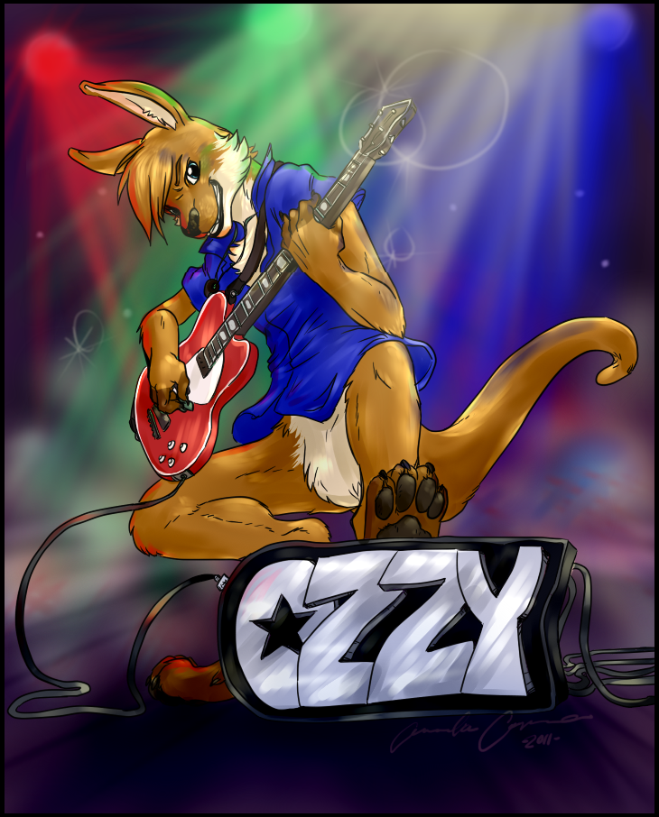 2011 anthro bottomless brown_fur brown_hair claws clothed clothing electric_guitar english_text fur hair half-dressed kangaroo legs_up lights looking_at_viewer male mammal marsupial musical_instrument ozzy paws shirt smile solo teeth text toe_claws touchofsnow white_fur