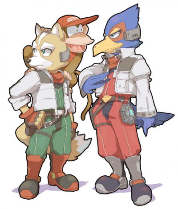 anthro avian belt bird boots canine clothed clothing crossover diddy_kong falco_lombardi fingerless_gloves footwear fox fox_mccloud gloves green_eyes hat headset holster jacket looking_away male mammal monkey nemurism nintendo primate shirt star_fox super_smash_bros video_games