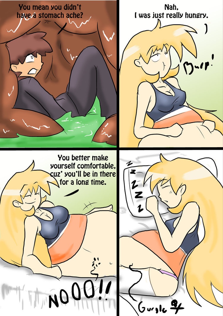belly big_belly big_breasts blonde_hair breasts chubby clothing comic death digestion english_text female hair human inside_stomach male male/female mammal not_furry stomach text vale-city vore