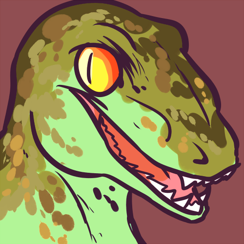 ambiguous_gender charlie_(jurassic_world) ciphir dinosaur fangs feral green_body headshot_portrait jurassic_park jurassic_world long_mouth no_sclera open_mouth portrait raptor red_background scalie sharp_teeth simple_background slit_pupils snout solo spots teeth tongue yellow_eyes