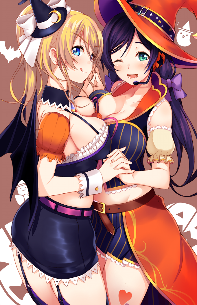 :q ;d ayase_eli belt blonde_hair blue_eyes blue_hair blush breast_press breasts cleavage garter_straps halloween hat headphones heart_tattoo holding interlocked_fingers large_breasts long_hair love_live! love_live!_school_idol_project midriff multiple_girls one_eye_closed open_mouth ponkotsu_(ayarosu) skirt smile striped tattoo tongue tongue_out toujou_nozomi v-shaped_eyebrows vertical_stripes witch_hat wrist_cuffs