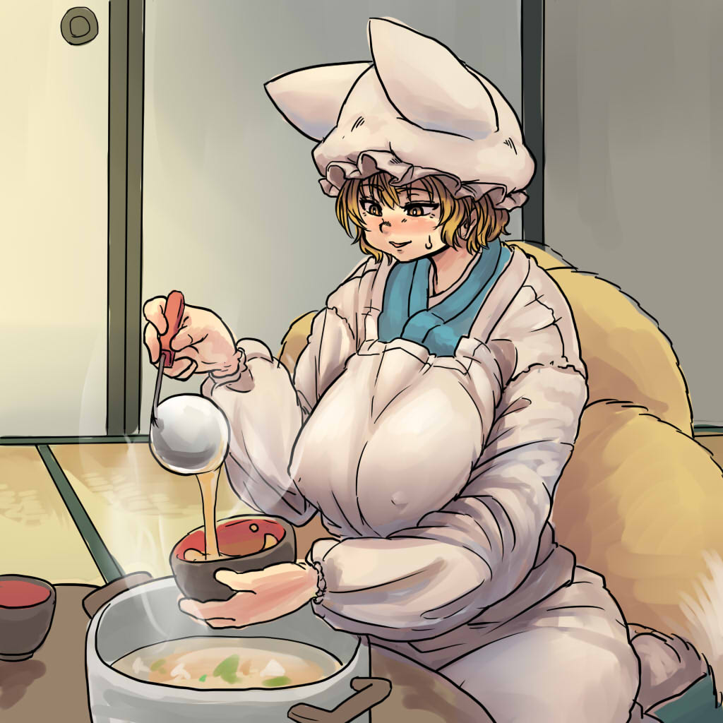 blonde_hair blush breasts chanta_(ayatakaoisii) covered_nipples cowboy_shot cup ears food fox_tail hat huge_breasts indoors kitchen ladle long_sleeves looking_down multiple_tails parted_lips pillow_hat pot puffy_long_sleeves puffy_sleeves room seiza short_hair sitting smile solo soup table tail tatami thighs touhou yakumo_ran yellow_eyes