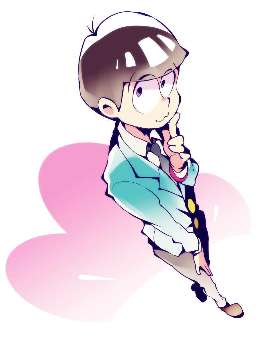 :3 bowl_cut brown_hair dossei dutch_angle finger_to_mouth formal from_above hand_on_thigh highres index_finger_raised male_focus matsuno_todomatsu necktie osomatsu-kun osomatsu-san pink_eyes simple_background smile solo suit white_background