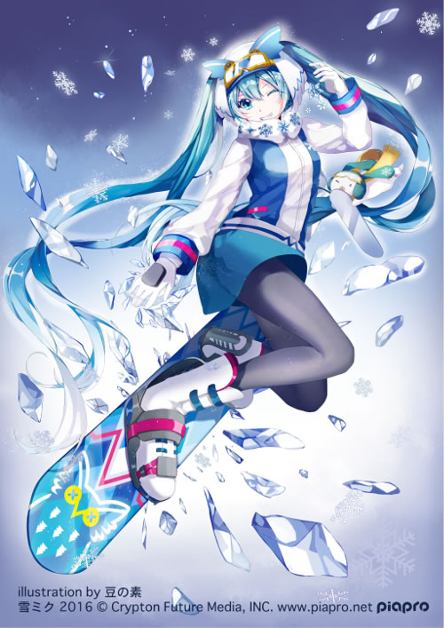 2016 ;d amatsukiryoyu artist_name blue_hair blue_skirt blush boots coat fractal full_body gloves goggles goggles_on_head grin hatsune_miku hood ice long_hair one_eye_closed open_mouth pantyhose piapro scarf simple_background skirt smile snowboard snowboarding snowflake_print teeth twintails very_long_hair vocaloid white_gloves winter_clothes winter_coat yuki_ga_tokeru_mae_ni_(vocaloid) yuki_miku yukine_(vocaloid) zipper