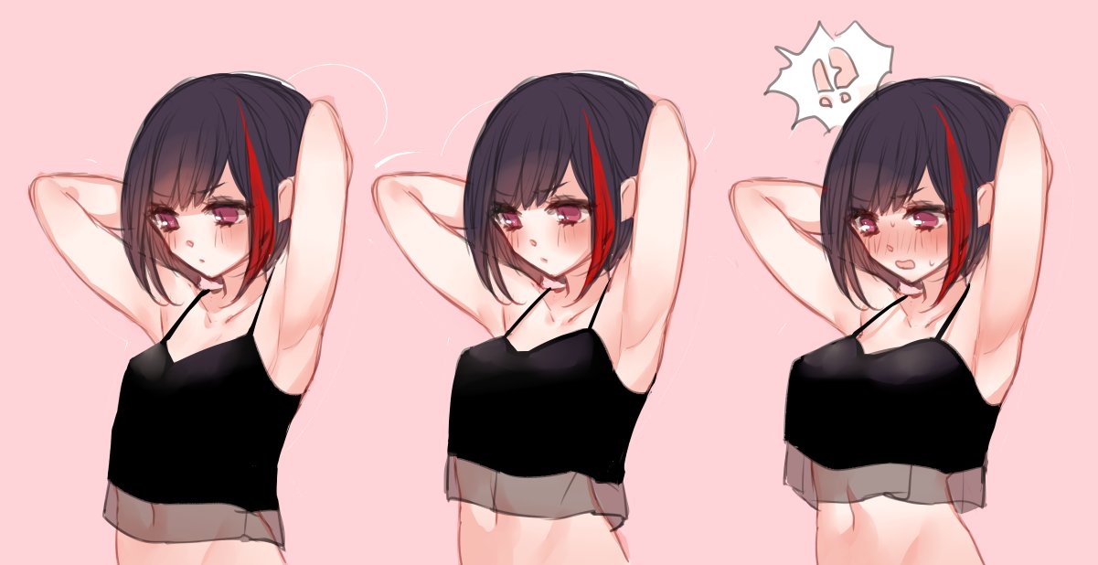 1girl armpits arms_behind_head arms_up bang_dream! bangs bare_arms bare_shoulders black_hair blush breast_expansion camisole chino_machiko closed_mouth commentary crop_top embarrassed eyebrows_visible_through_hair groin hands_up mitake_ran multicolored_hair multiple_views navel open_mouth pink_background pink_eyes short_hair simple_background stomach streaked_hair sweatdrop symbol_commentary upper_body variations