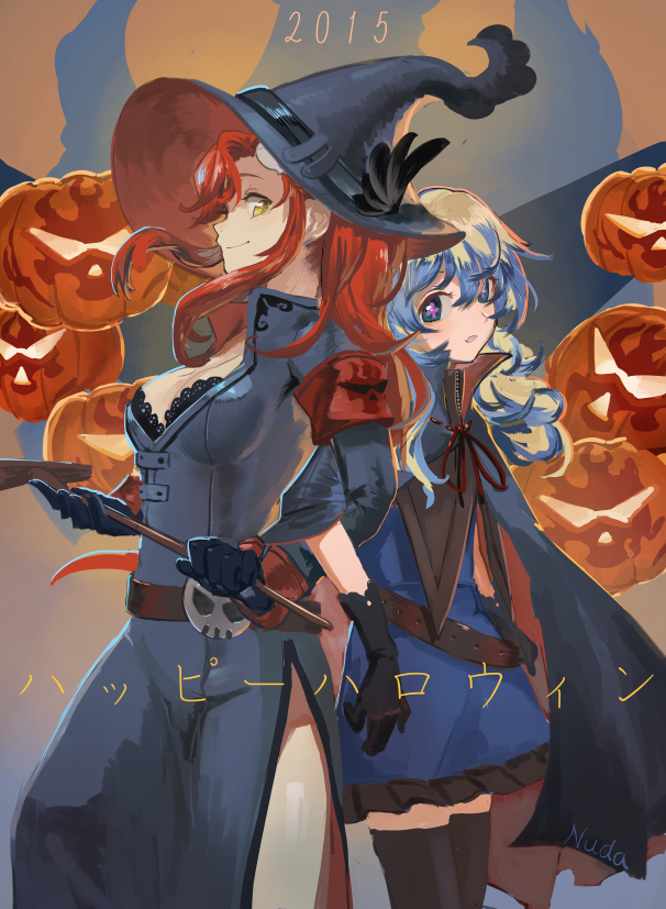 2girls alternate_costume cape costume dress gloves halloween hat jack-o'-lantern multicolored_hair multiple_girls nia_teppelin nuda pumpkin red_hair smile tengen_toppa_gurren_lagann two-tone_hair witch_hat yoko_littner