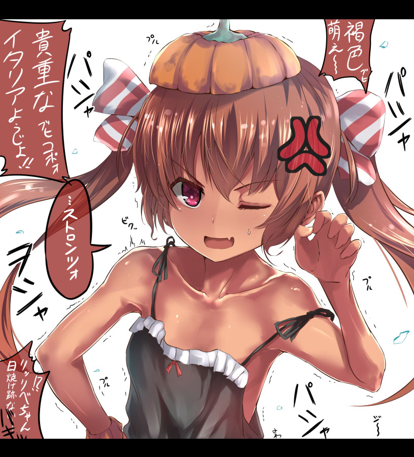 anger_vein bangs black_shirt breasts brown_hair claw_pose collarbone fang halloween heart heart-shaped_pupils kantai_collection letterboxed libeccio_(kantai_collection) long_hair looking_at_viewer one_eye_closed pumpkin_hat red_eyes shirt simple_background small_breasts solo speech_bubble symbol-shaped_pupils tai_(nazutai) translation_request trembling twintails white_background wrist_cuffs