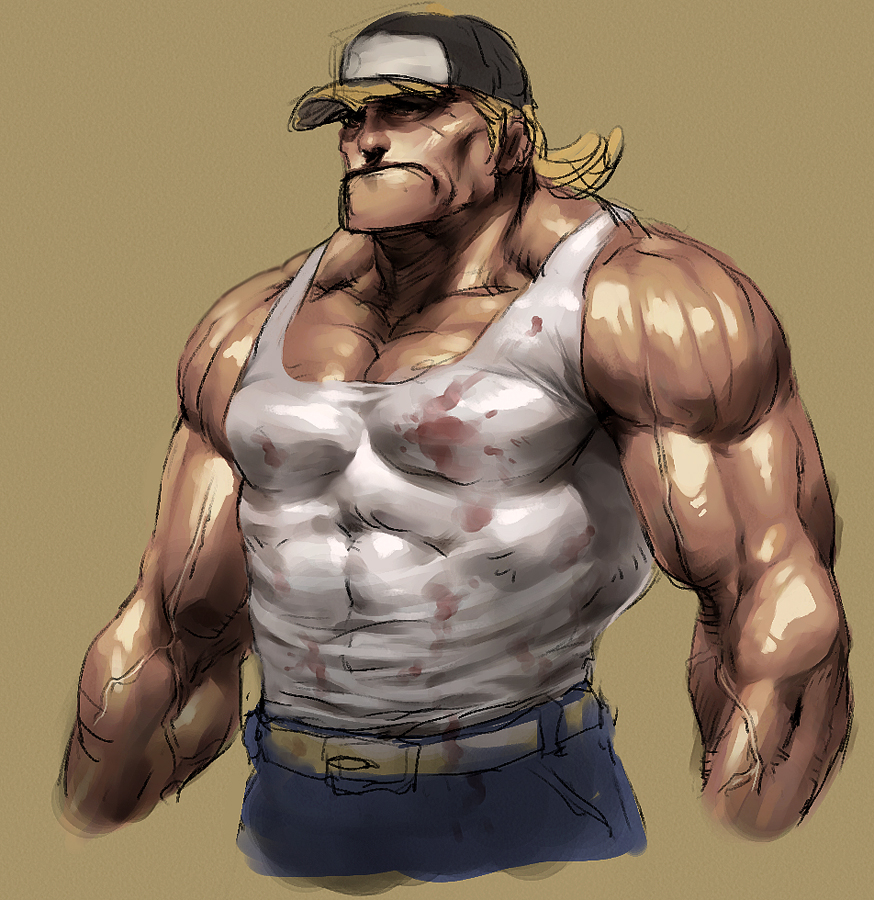 baseball_cap blonde_hair cozy fatal_fury hat male_focus manly muscle solo tank_top terry_bogard veins