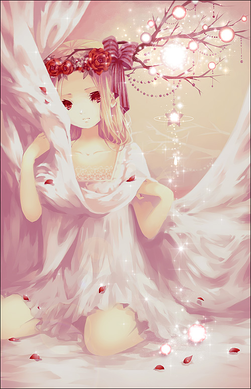 bad_id bad_pixiv_id blonde_hair branch copyright_request dress flower glitter hair_ornament kneeling mirusa petals red_eyes solo star