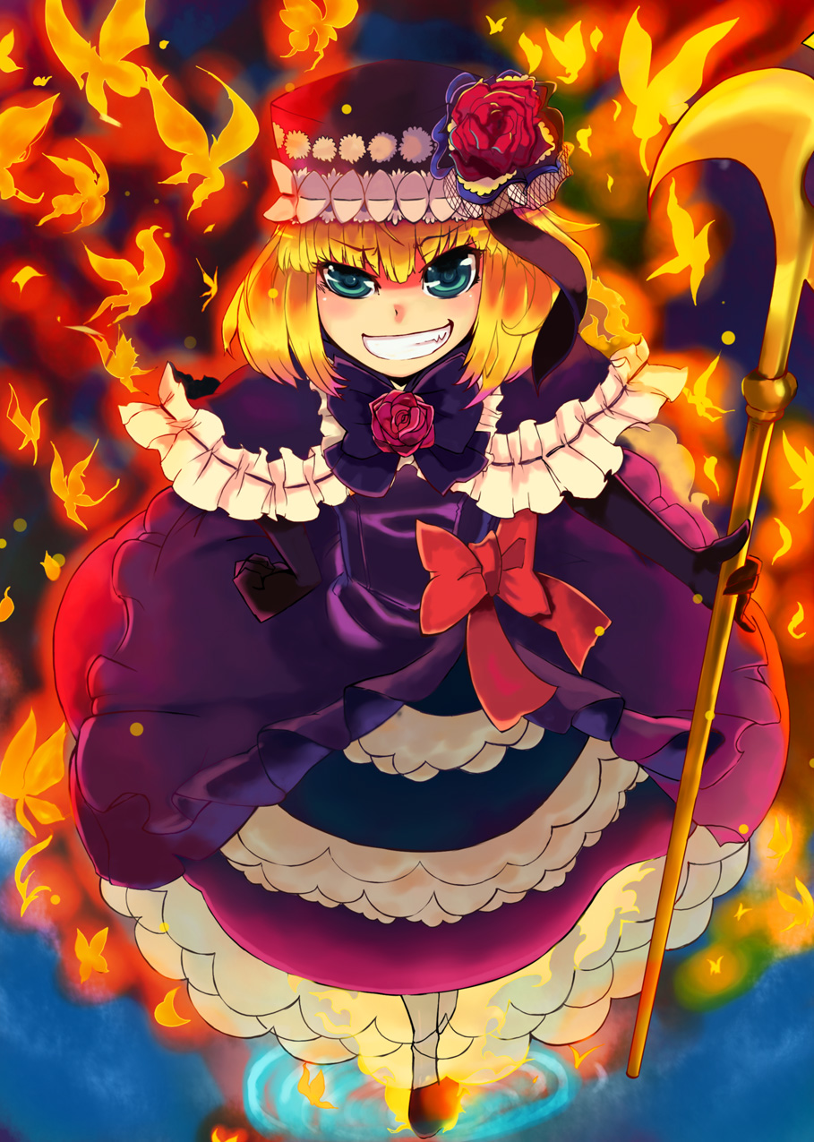 :d blue_eyes bow bug butterfly dress egawa_rui elbow_gloves eva_beatrice flower gloves hat highres insect open_mouth orange_hair rose smile solo staff umineko_no_naku_koro_ni