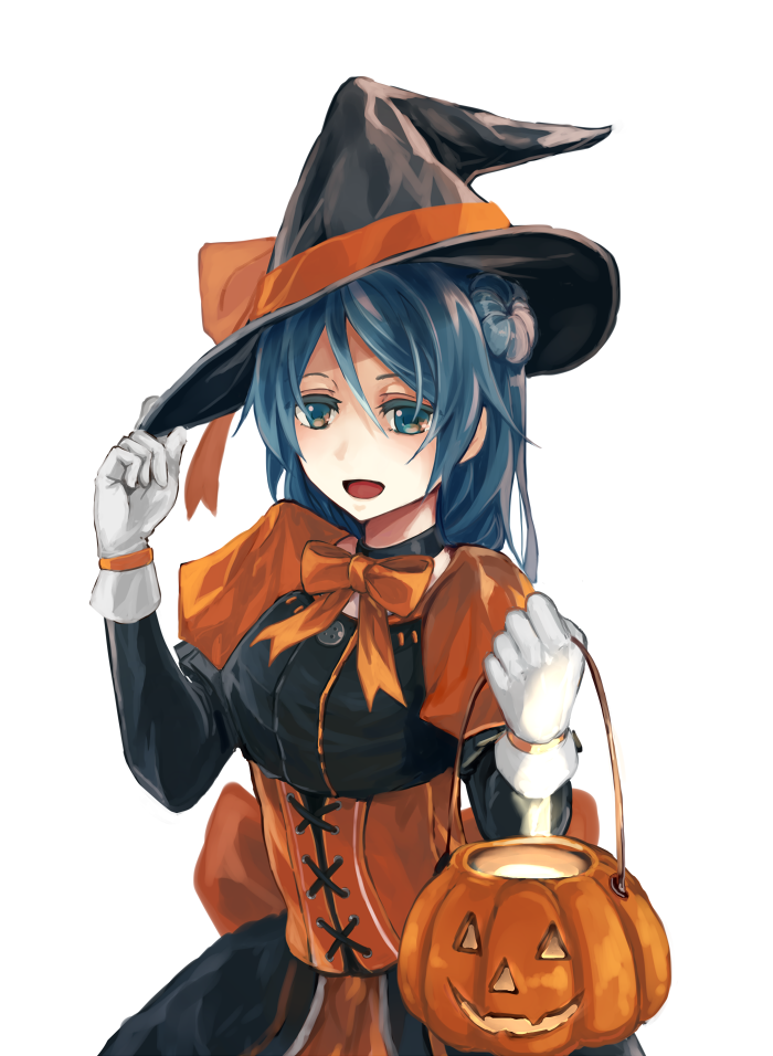 :d alternate_costume blue_eyes blue_hair commentary_request corset double_bun gloves halloween halloween_costume hand_on_headwear hat kantai_collection long_hair long_sleeves natsuyuki open_mouth puffy_long_sleeves puffy_sleeves pumpkin ribbon simple_background smile solo urakaze_(kantai_collection) white_background white_gloves witch witch_hat