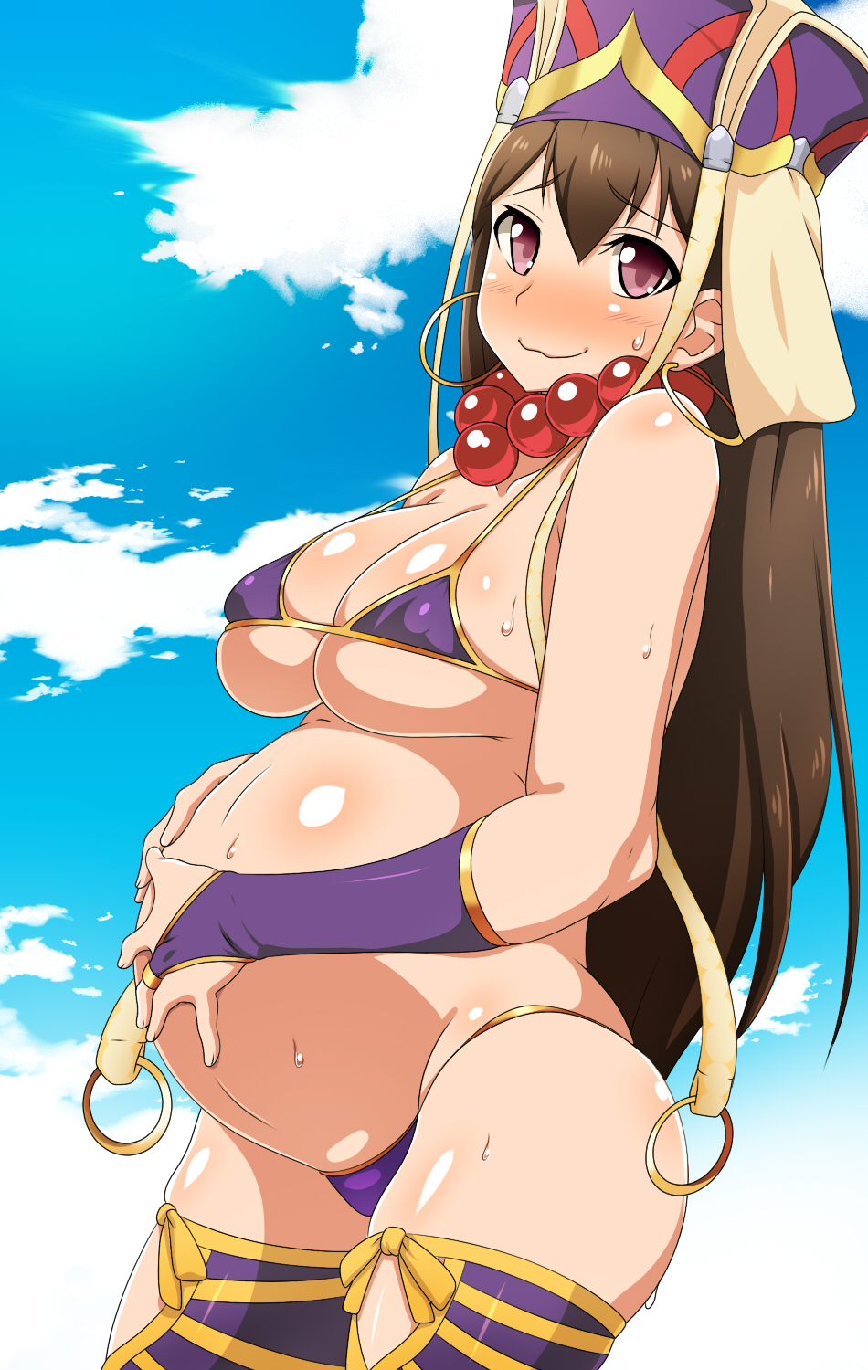 bead_necklace beads big_belly bikini blush breasts bridal_gauntlets brown_hair covered_nipples earrings erect_nipples fate/grand_order fate_(series) from_side hands_on_own_stomach hat highres hoop_earrings jewelry kani_club large_breasts long_hair looking_at_viewer necklace nose_blush prayer_beads pregnant purple_bikini purple_eyes purple_hat ring skindentation smile solo strap_gap sweat swimsuit thighhighs very_long_hair xuanzang_(fate/grand_order)