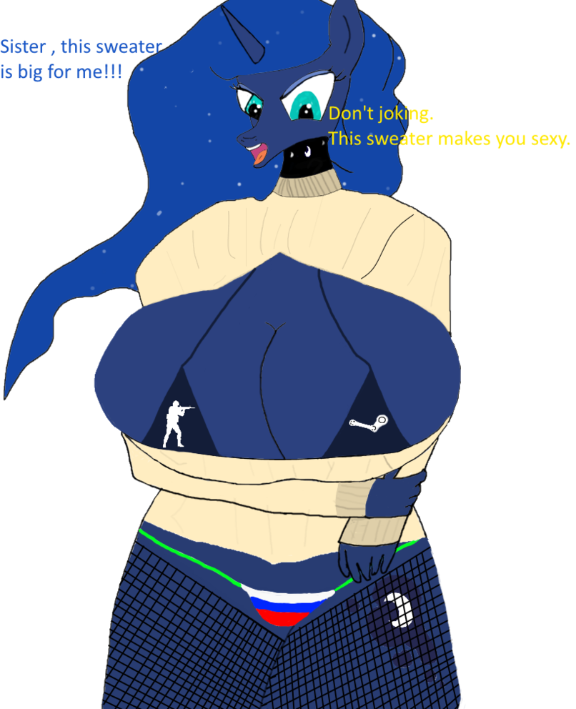 angry anthro anthrofied big_breasts blue_skin bra breasts clothing collar counter_strike cutie_mark dialogue equine friendship_is_magic green_eyes hair horn horse huge_breasts long_hair mammal my_little_pony open_mouth panties pony princess_celestia_(mlp) princess_luna_(mlp) russia sporeman_(artist) steam sweater tongue underwear unicorn video_games winged_unicorn wings