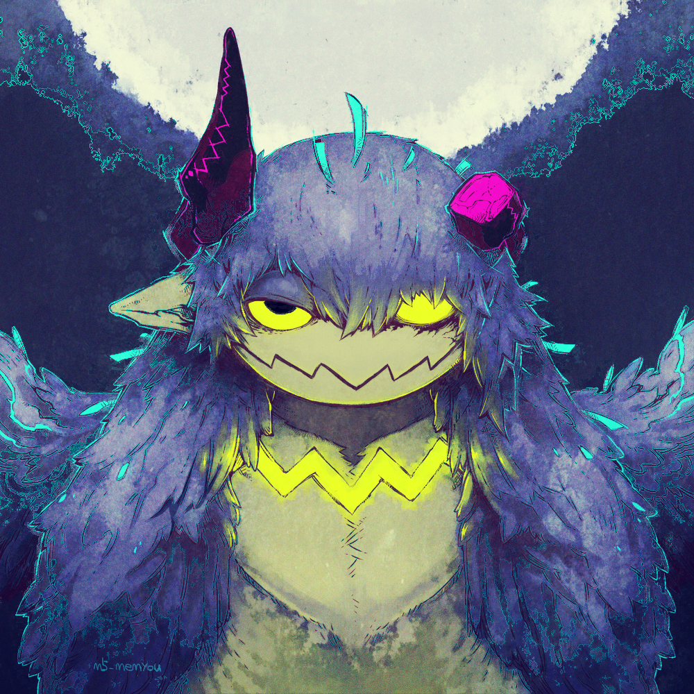 2015 blue_fur demon dragon floof fur green_eyes horn hybrid looking_at_viewer m5-memyou male memyou moon solo tagme yellow_fur