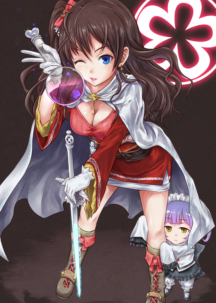 atelier_(series) atelier_totori blue_eyes boots breasts brown_hair cape chemicals chim_(atelier) cleavage crossover dress earrings flask headdress ichinose_shiki idolmaster idolmaster_cinderella_girls jewelry lavender_hair long_hair medium_breasts one_eye_closed open_mouth red_dress round-bottom_flask short_hair side_ponytail sleeves_past_wrists smile solo sword tsuyadashi_shuuji weapon yellow_eyes