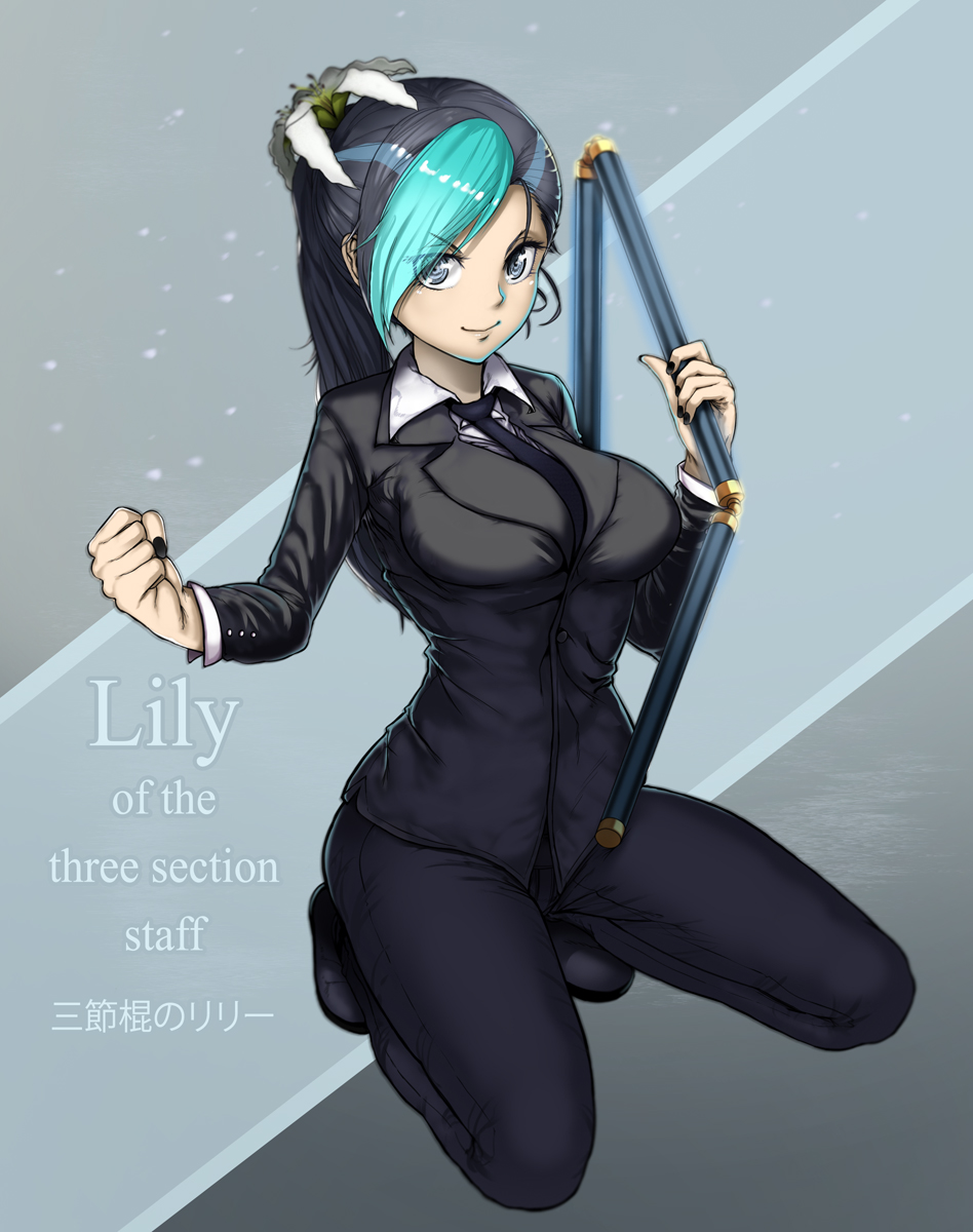 alternate_breast_size aqua_hair between_breasts black_footwear black_hair black_nails black_neckwear blue_eyes breasts character_name clenched_hand closed_mouth english eyes_visible_through_hair flower formal full_body hair_flower hair_ornament hairclip highres holding holding_weapon large_breasts lily_(flower) long_hair long_sleeves looking_at_viewer md5_mismatch multicolored_hair nail_polish necktie one-punch_man pants ponytail sansetsukon_no_lily shoes smile solo squatting suit the_golden_smurf three_section_staff two-tone_hair weapon