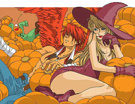 2boys blonde_hair blue_eyes boots breasts canopus_wolph chin_rest cleavage commentary_request deneb_rove denim dress falling gloves hat jeans jewelry lips long_hair medium_breasts microdress multiple_boys munetaka necklace no_shirt ogre_battle pants pumpkin pumpkinhead_(ogre_battle) purple_dress purple_footwear purple_hat red_hair strapless strapless_dress sweatdrop thighs too_many undone_belt wings witch witch_hat wrist_wrap