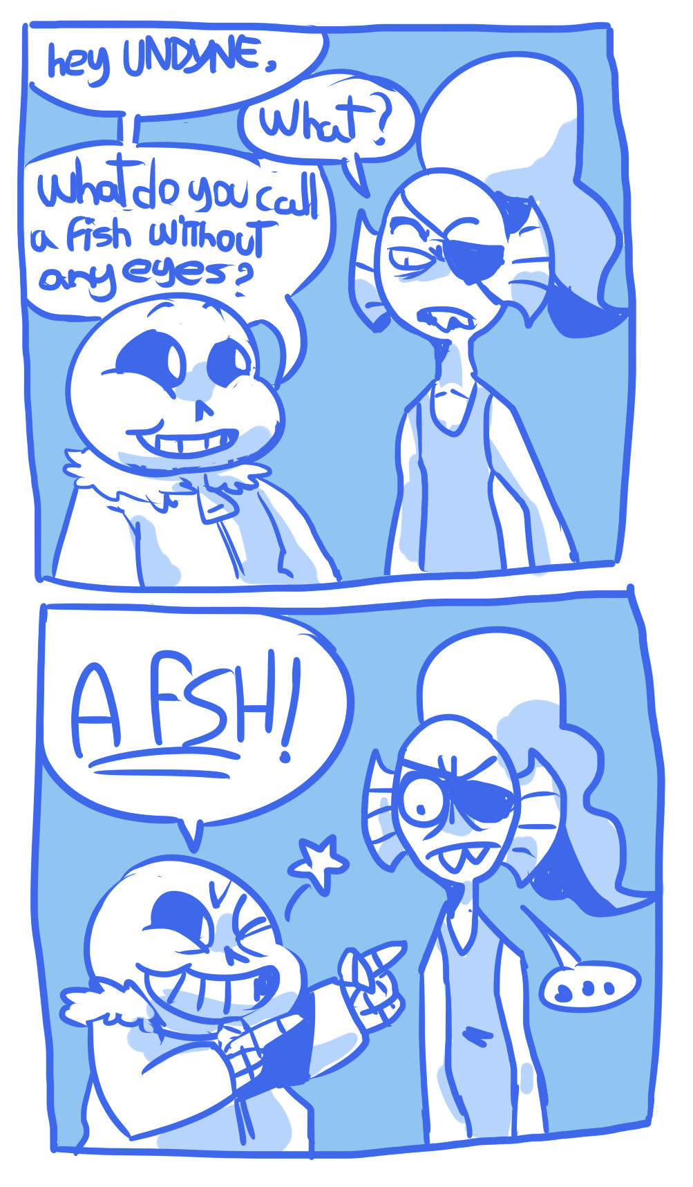 ... angry bone bored clothing comic dialogue duo english_text eye_patch eyewear fish humor joke male marine one_eye_closed ropnolc sans_(undertale) skeleton smile star text undertale undyne video_games