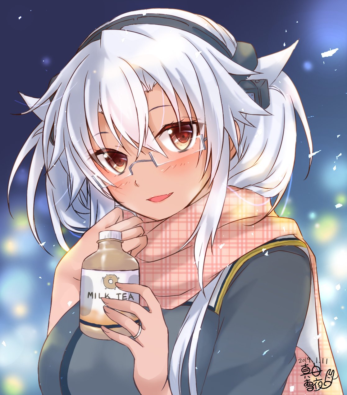 0yukiya0 1girl alternate_costume artist_logo bottle commentary_request dark_skin dated glasses hairband highres jewelry kantai_collection long_hair looking_at_viewer musashi_(kantai_collection) open_mouth orange_scarf plaid plaid_scarf pointy_hair red_eyes ring scarf semi-rimless_eyewear silver_hair smile solo under-rim_eyewear unmoving_pattern upper_body wedding_band