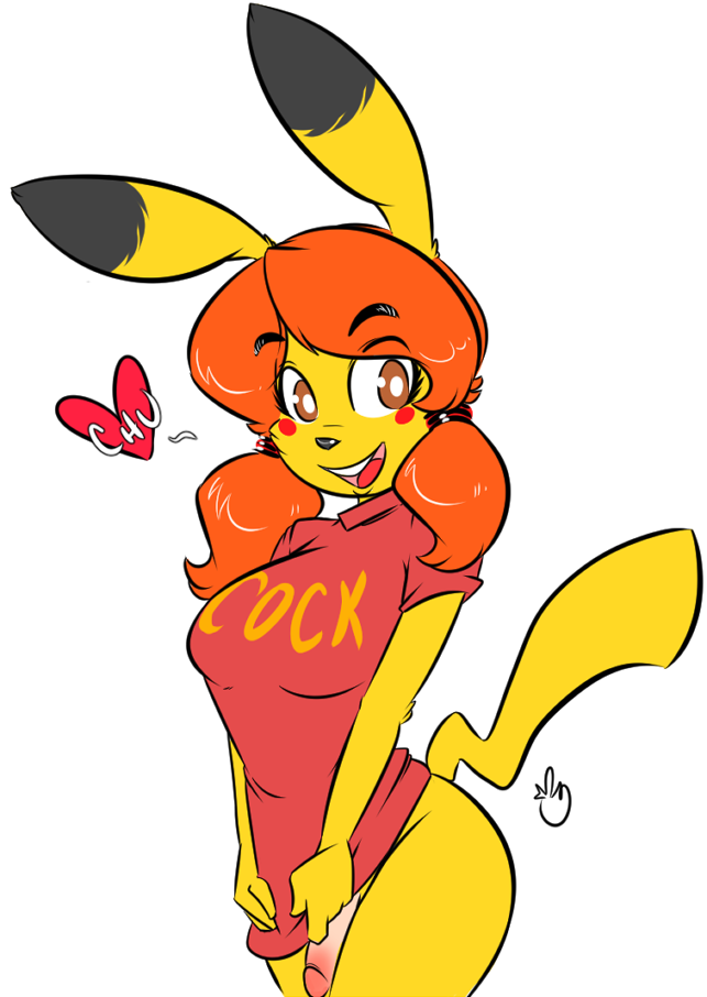 &lt;3 bottomless breasts brown_eye butt clothed clothing dialogue dickgirl duckdraw female futa'chu hair half-dressed happy intersex looking_at_viewer nintendo orange_hair penis pikachu pok&eacute;mon simple_background smile solo standing video_games yellow_skin