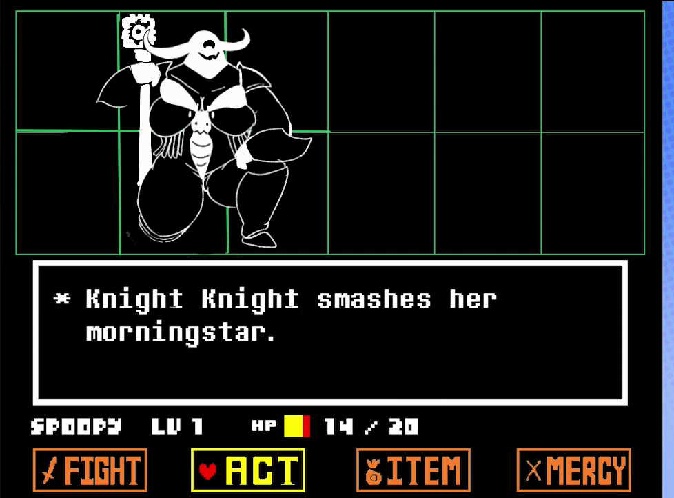 armor big_breasts breasts cleavage clothed clothing english_text female horn kneeling knight knight_knight monster multiple_eyes shamelesss smile solo steam_train text undertale video_games weapon