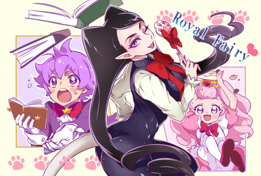 2girls ;) aroma_(go!_princess_precure) aroma_(go!_princess_precure)_(human) black_hair blue_eyes book breasts cat_tail chiyo_(rotsurechiriha) gloves go!_princess_precure lips long_hair looking_at_viewer medium_breasts miss_siamour miss_siamour_(human) multiple_girls one_eye_closed open_mouth pink_hair pointy_ears precure puff_(go!_princess_precure) puff_(go!_princess_precure)_(human) purple_eyes purple_hair short_hair smile tail tiara twintails very_long_hair white_bloomers white_gloves