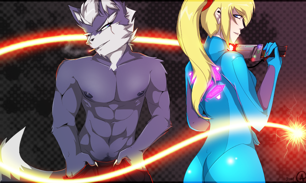 2014 abs abstract_background allydragon anthro blonde_hair blue_eyes blush body_hair breasts butt canine cigarette claws clothed clothing crossover duo eye_contact female form_fitting hair half-dressed hands_in_pockets happy_trail human jumpsuit looking_back male mammal metroid muscular nintendo nipples pants plasma ponytail samus_aran scar side_boob smile smoking star_fox super_smash_bros topless video_games weapon whip wolf wolf_o'donnell zero_suit
