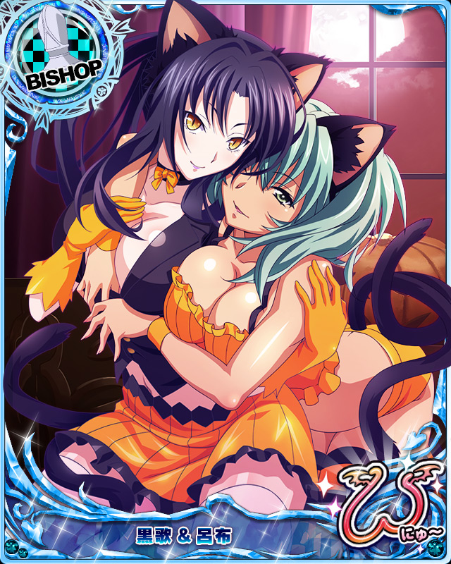 animal_ears artist_request black_hair breasts card_(medium) cat_ears cat_tail character_name chess_piece crossover gloves green_eyes green_hair halloween high_school_dxd high_school_dxd_new ikkitousen ikkitousen_great_guardians kuroka_(high_school_dxd) large_breasts midriff multiple_girls multiple_tails official_art one_eye_closed orange_gloves ryofu_housen tail thighhighs trading_card twintails wristband yellow_eyes