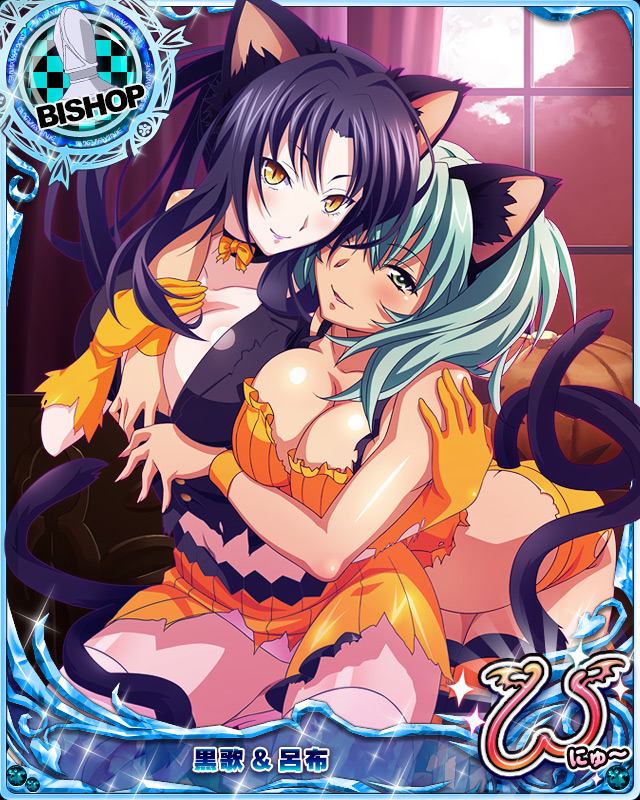 animal_ears artist_request black_hair breasts card_(medium) cat_ears cat_tail character_name chess_piece crossover gloves green_eyes green_hair halloween high_school_dxd high_school_dxd_new ikkitousen ikkitousen_great_guardians kuroka_(high_school_dxd) large_breasts midriff multiple_girls multiple_tails official_art one_eye_closed orange_gloves ryofu_housen tail thighhighs torn_clothes trading_card twintails wristband yellow_eyes
