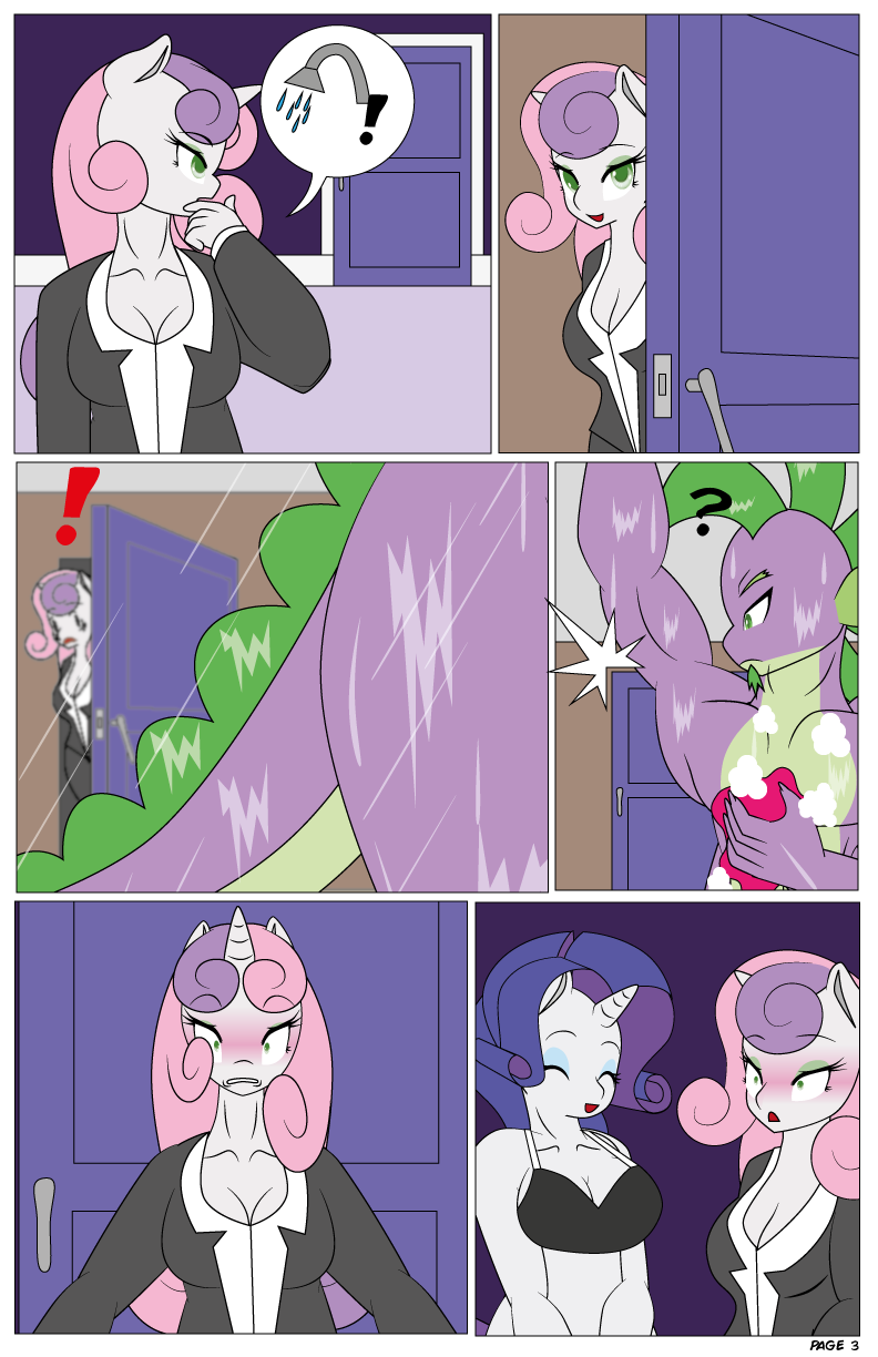 ! ? anthro anthrofied bikini blush breasts business_dress cleavage clothed clothing comic dekomaru dragon equine eyeshadow female friendship_is_magic fur green_eyes group hair horn makeup male mammal multicolored_hair my_little_pony nude purple_hair purple_scales rarity_(mlp) scales shower spike_(mlp) sweetie_belle_(mlp) swimsuit thehotroom two_tone_hair unicorn white_fur
