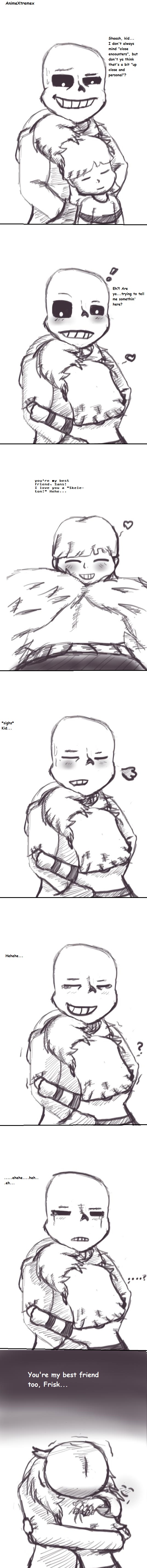 &lt;3 animextremex blush blushed bone child comic crying dialogue english_text friends frisk frown grin happy hug human male mammal monster not_furry sans sigh skeleton sweat tears text undertale video_games white_eyes young