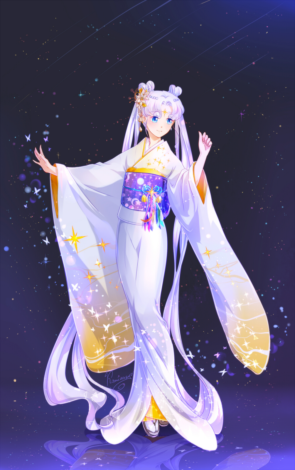 1girl absurdly_long_hair bishoujo_senshi_sailor_moon blue_eyes earrings full_body hair_ornament highres japanese_clothes jewelry kaminary kimono long_hair long_sleeves obi print_kimono sailor_cosmos sash signature silver_hair smile solo standing tied_hair very_long_hair white_kimono white_legwear wide_sleeves