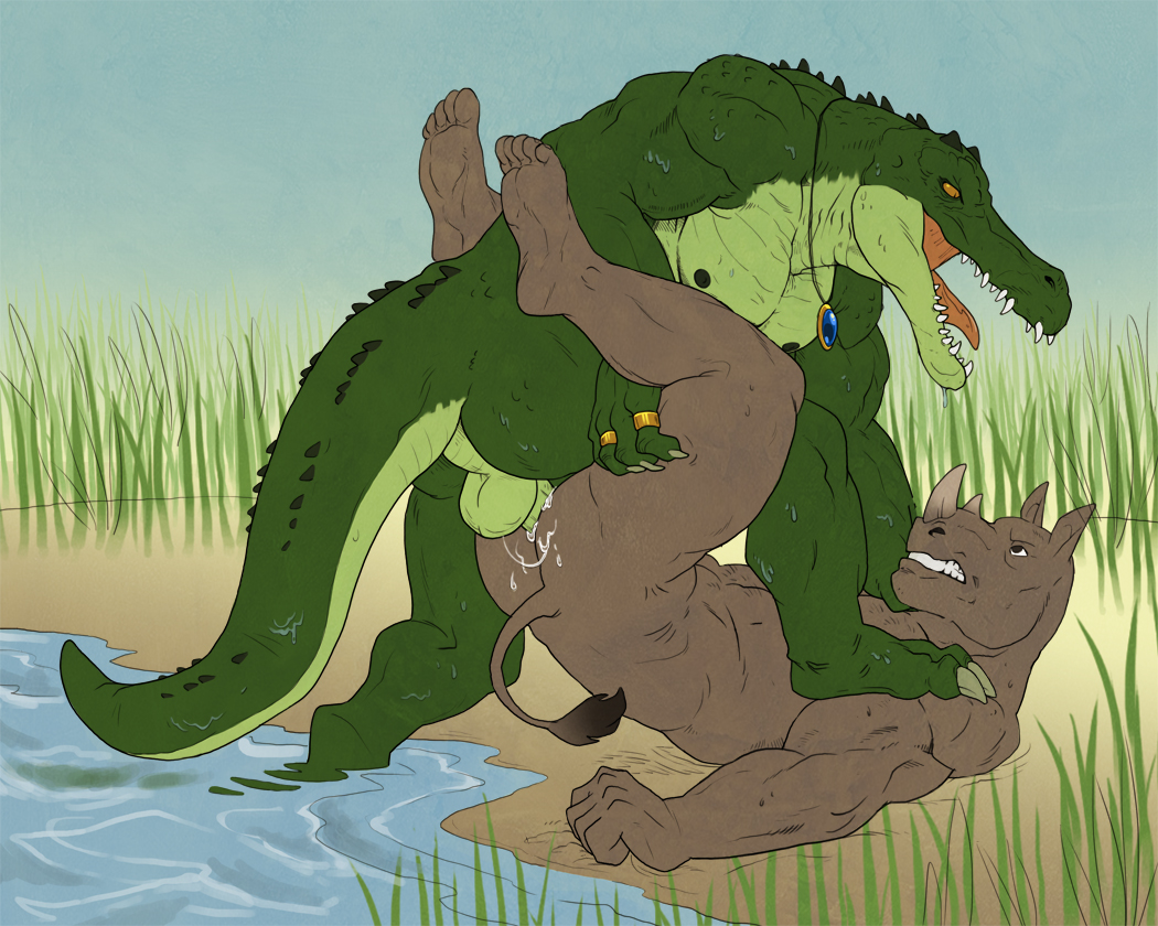 2015 5_toes anal anal_penetration anthro atum backsack badcoyote balls barazoku blue_sky brown_eyes butt claws clenched_teeth crocodile cum cum_on_butt digital_media_(artwork) duo grass green_scales grey_skin hindpaw horn humanoid_feet interspecies legs_up lying male male/male mammal necklace nipples nude on_back open_mouth orange_eyes outside paws penetration perineum piledriver_position pond reptile rhinoceros ring scales scalie sex sharp_teeth sky soles spikes step_pose teeth toe_claws toes water