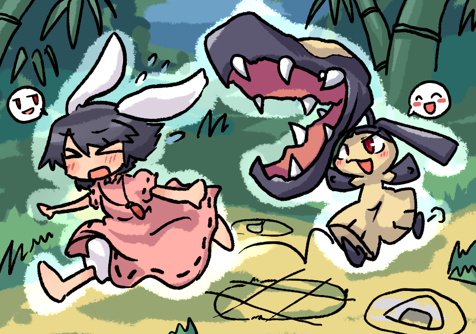 &gt;_&lt; bamboo bamboo_forest barefoot bloomers blush chasing chibi closed_eyes crossover extra_mouth fangs fleeing forest gen_3_pokemon inaba_tewi iyau jewelry mawile nature necklace outstretched_arms pitfall pokemon pokemon_(creature) running spread_arms teeth touhou trait_connection troll_face underwear white_bloomers