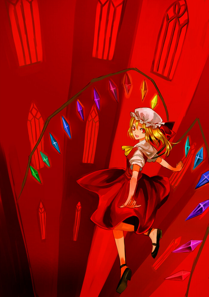 bad_id bad_pixiv_id blonde_hair flandre_scarlet flying kol49 mary_janes open_mouth red red_eyes shoes smile solo touhou wings