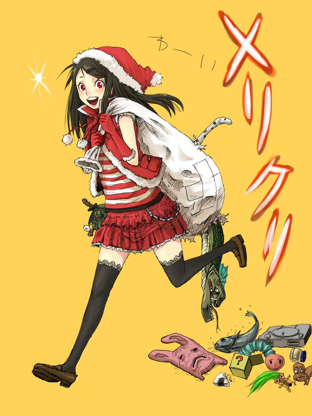 black_hair black_legwear christmas copyright_request elbow_gloves fish game_console gloves highres homeko_(artist) legs playstation product_placement red_eyes red_gloves sack santa_costume shirt skirt solo striped striped_shirt thighhighs