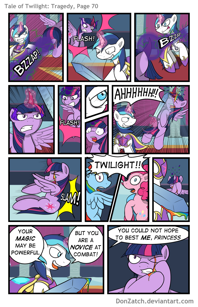 2015 angry attack blood blue_eyes blue_fur blue_hair clenched_teeth comic dark_magic donzatch english_text equine evil_grin female fight flying friendship_is_magic fur hair hit horn horse male mammal melee_weapon multicolored_hair my_little_pony open_mouth pink_eyes pink_fur pink_hair pony purple_eyes purple_fur purple_hair rainbow_blood rainbow_dash_(mlp) rainbow_hair screaming shining_armor_(mlp) smile sword teeth text twilight_sparkle_(mlp) unicorn weapon white_fur white_sclera winged_unicorn wings