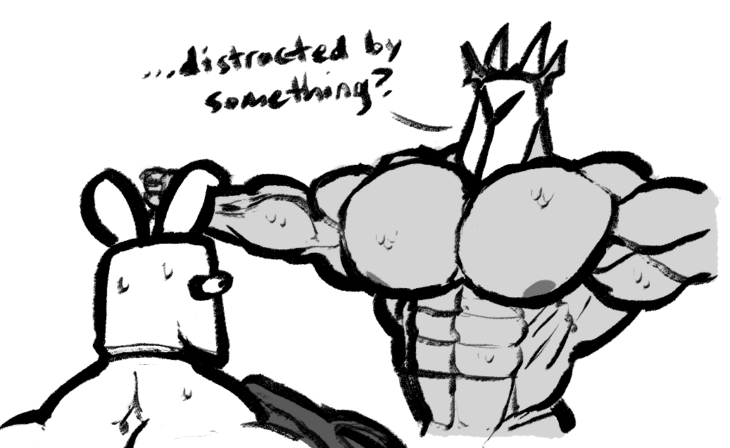 abs biceps big_muscles clothed clothing dragon duo half-dressed helmet lagomorph male mammal monochrome muscular pecs rabbit rg01 rg02 ripped-saurian scales text topless undertale video_games
