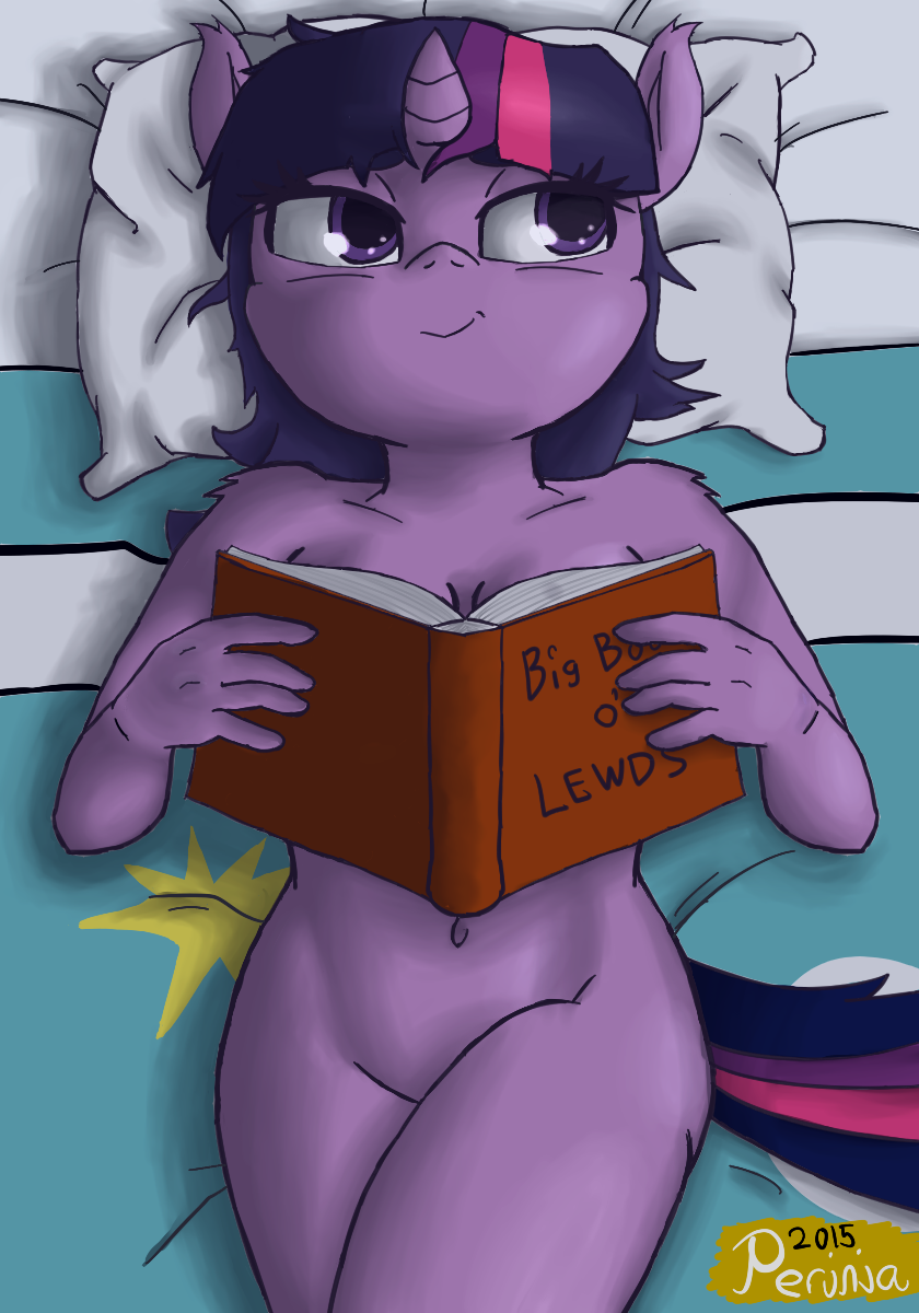 2015 anthro anthrofied bed book breasts convenient_censorship crossed_legs equine female friendship_is_magic hair horn horse lying mammal multicolored_hair my_little_pony navel on_back perinia pillow pony purple_eyes smile solo twilight_sparkle_(mlp) unicorn