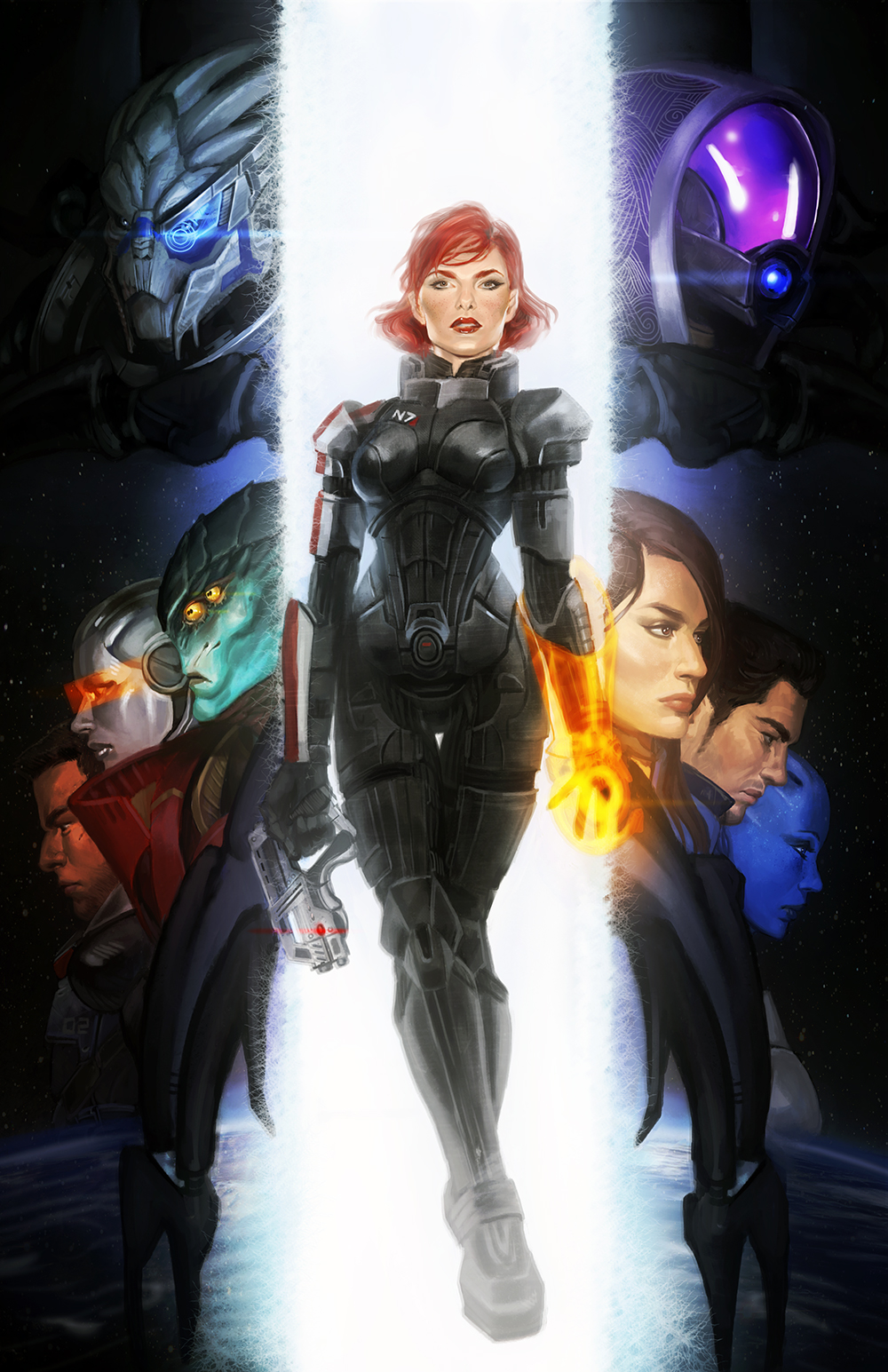 5girls alien android asari ashley_williams bad_id bad_tumblr_id black_hair blue_skin commander_shepard commander_shepard_(female) crystal_graziano earth edi_(mass_effect) eyebrows full_body garrus_vakarian green_skin grey_skin gun handgun helmet highres james_vega javik_(mass_effect) kaidan_alenko liara_t'soni lipstick m-77_paladin makeup mass_effect mass_effect_3 metal_skin multiple_boys multiple_girls n7_armor nose omnitool pistol planet power_suit prothean quarian red_hair scouter sideburns solo_focus tali'zorah turian upper_body visor weapon