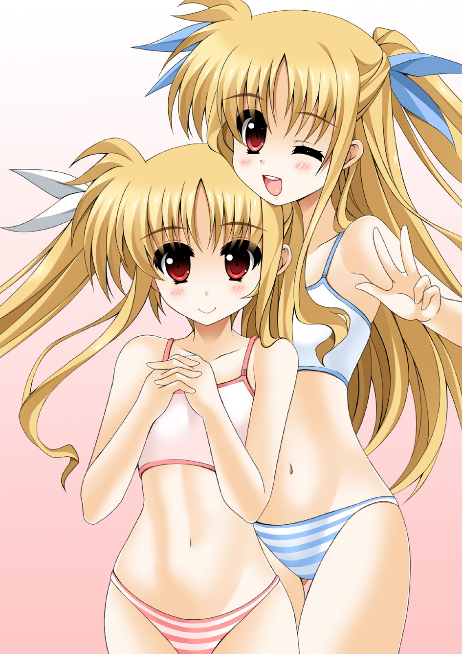 alicia_testarossa blonde_hair camisole fate_testarossa highres long_hair lyrical_nanoha multiple_girls oda_ken'ichi panties red_eyes striped striped_panties twintails two_side_up underwear