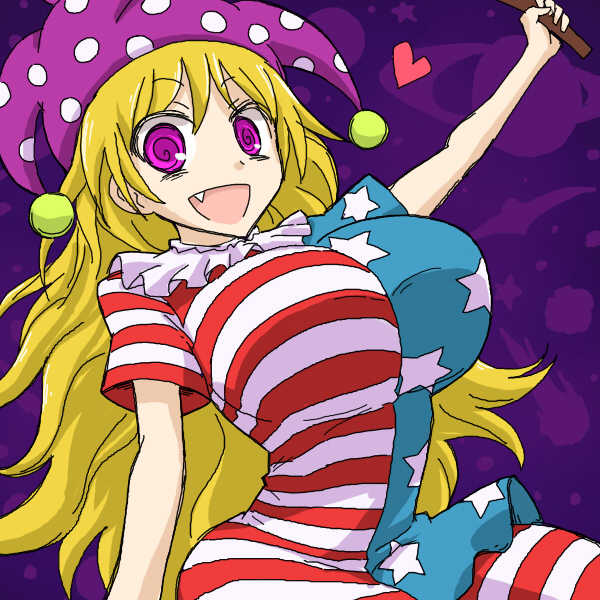 blonde_hair breasts clownpiece crazy_eyes fang hat heart huge_breasts jester_cap long_hair oro_(zetsubou_girl) pantyhose purple_eyes solo touhou